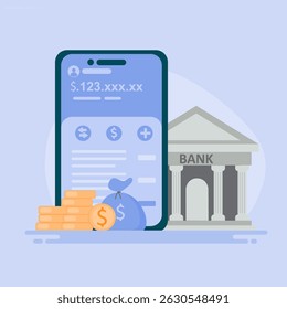 Illustration of online mobile banking and mobile payments, Digital banking, e-money, Savings and finance concept.