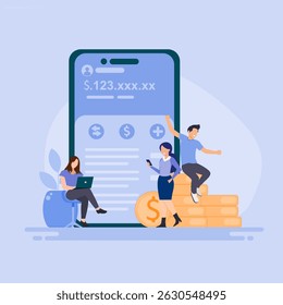 Illustration of online mobile banking and mobile payments, Digital banking, e-money, Savings and finance concept.