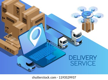 Illustration of online order for delivery of goods from the laptop. Transportation by drone, truck or car. Coordination of delivering over the Internet. isometric 3d