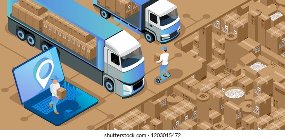 Illustration of online order for delivery of goods from the laptop. Transportation by courier, truck or car. Coordination of delivering over the Internet. isometric 3d