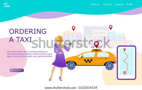Illustration for\
online ordering a taxi car, rent and sharing using service mobile\
application.  Woman holding a  phone Modern landing page for mobile\
app. Business website\
concept.