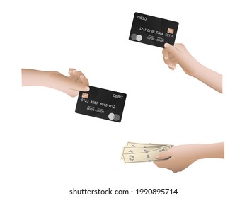 Illustration of online payment via debit and credit cards or offline with direct currency