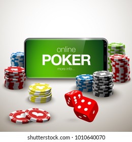 illustration Online Poker casino banner with a mobile phone, chips, playing cards and dice. Marketing Luxury Banner Jackpot Online Casino with New model Smartphone. Empty advertising poster.