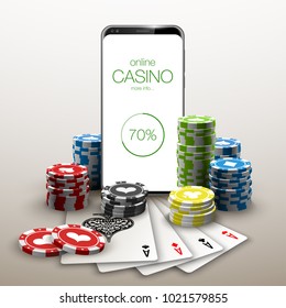 illustration Online Poker casino banner with a mobile phone, chips, playing cards and dice. Marketing Luxury Banner Jackpot Online Casino with New model Smartphone. Empty advertising poster.