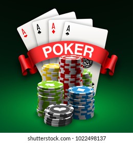 illustration Online Poker casino banner with a chips, playing cards and dice. Marketing Luxury Banner Jackpot Online Casino with red ribbon for text. Empty advertising poster.
