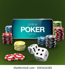 illustration Online Poker casino banner with a mobile phone, chips, playing cards and dice. Marketing Luxury Banner Jackpot Online Casino with New model Smartphone. Empty advertising poster.