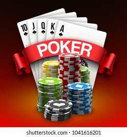 illustration Online Poker casino banner with a chips, playing cards and dice. Marketing Luxury Banner Jackpot Online Casino with red ribbon for text. Empty advertising poster.