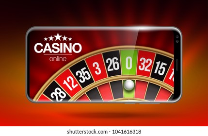 illustration Online Poker casino banner with mobile phone and roulette. Marketing Luxury Banner Jackpot Online Casino with New model Smartphone and roulette Advertising poster with red background