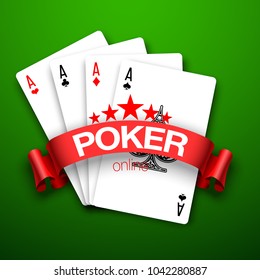 illustration Online Poker casino banner with chips, playing cards and dice on green table. Marketing Luxury Poker Banner Jackpot Online Casino with red ribbon for text. Empty advertising green poster