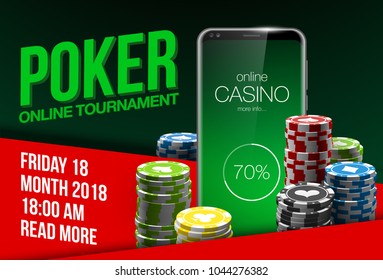 illustration Online Poker casino banner with a mobile phone, chips and dice. Marketing Luxury Banner Jackpot Online Casino with New model Smartphone. Empty advertising poster flat paper cloud for text