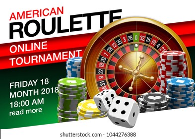 illustration Online Poker casino banner with american roulette on green surface table. Marketing Luxury Banner Jackpot Online Casino with classic roulette. Advertising poster with red ribbon for text.