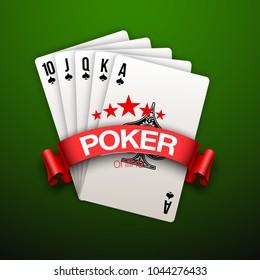 illustration Online Poker casino banner with chips, playing cards and dice on green table. Marketing Luxury Poker Banner Jackpot Online Casino with red ribbon for text. Empty advertising green poster