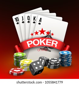 illustration Online Poker casino banner with a chips, playing cards and dice. Marketing Luxury Banner Jackpot Online Casino with red ribbon for text. Empty advertising poster.