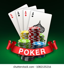 illustration Online Poker casino banner with a chips, playing cards and dice. Marketing Luxury Banner Jackpot Online Casino with red ribbon for text. Empty advertising poster.