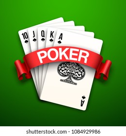 illustration Online Poker casino banner with chips, playing cards and dice on green table. Marketing Luxury Poker Banner Jackpot Online Casino with red ribbon for text. Empty advertising green poster