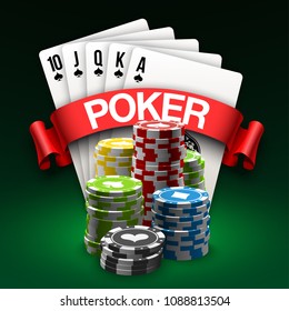 illustration Online Poker casino banner with a chips, playing cards and dice. Marketing Luxury Banner Jackpot Online Casino with red ribbon for text. Empty advertising poster.