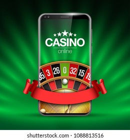 illustration Online Poker casino banner with mobile phone and roulette. Marketing Luxury Banner Jackpot Online Casino with New model Smartphone and roulette Advertising poster with red ribbon for text