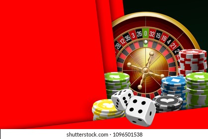 illustration Online Poker casino banner with american roulette on green surface table. Marketing Luxury Banner Jackpot Online Casino with classic roulette. Advertising poster with red ribbon for text.