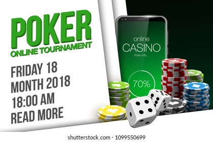 illustration Online Poker casino banner with a mobile phone, chips and dice. Marketing Luxury Banner Jackpot Online Casino with New model Smartphone. Empty advertising poster flat paper cloud for text