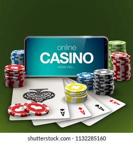 illustration Online Poker casino banner with a mobile phone, chips, playing cards and dice. Marketing Luxury Banner Jackpot Online Casino with New model Smartphone. Empty advertising poster.