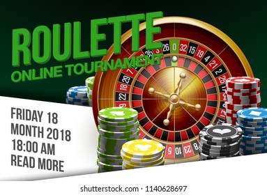illustration Online Poker casino banner with american roulette on green surface table. Marketing Luxury Banner Jackpot Online Casino with classic roulette. Advertising poster with red ribbon for text.