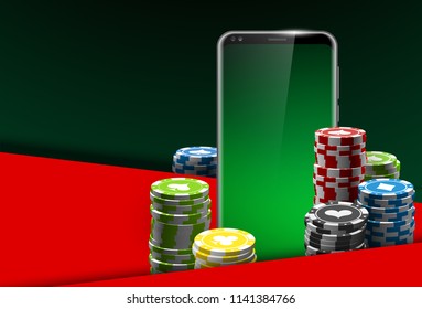 Illustration Online Poker Casino Banner mit einem Handy, Chips und Würfel. Marketing Luxury Banner Jackpot Online Casino mit dem neuen Modell Smartphone. Leeres Plakat-Plakat-Plakat-Plakat für Text