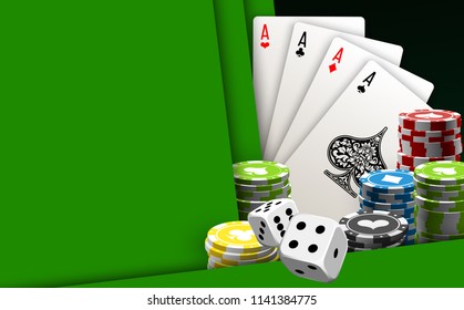 illustration Online Poker casino banner with a chips, playing cards and dice. Marketing Luxury Banner Jackpot Online Casino with flat paper cloud for text. Empty advertising poster.
