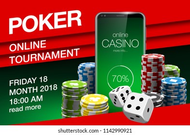 illustration Online Poker casino banner with a mobile phone, chips and dice. Marketing Luxury Banner Jackpot Online Casino with New model Smartphone. Empty advertising poster flat paper cloud for text