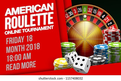 illustration Online Poker casino banner with american roulette on green surface table. Marketing Luxury Banner Jackpot Online Casino with classic roulette. Advertising poster with red ribbon for text.