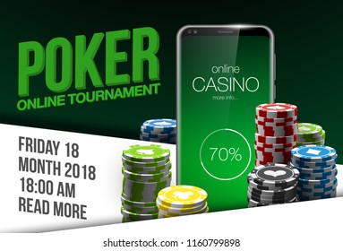 illustration Online Poker casino banner with a mobile phone, chips and dice. Marketing Luxury Banner Jackpot Online Casino with New model Smartphone. Empty advertising poster flat paper cloud for text