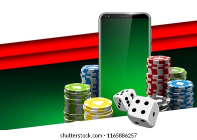 illustration Online Poker casino banner with a mobile phone, chips and dice. Marketing Luxury Banner Jackpot Online Casino with New model Smartphone. Empty advertising poster flat paper cloud for text