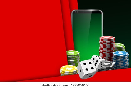 illustration Online Poker casino banner with a mobile phone, chips and dice. Marketing Luxury Banner Jackpot Online Casino with New model Smartphone. Empty advertising poster flat paper cloud for text