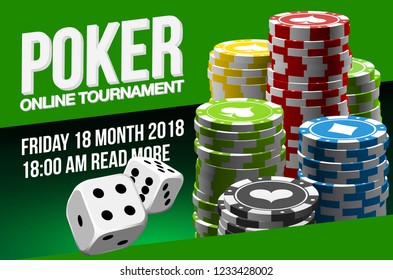 illustration Online Poker casino banner with a chips and dice. Marketing Luxury Banner Jackpot Online Casino with flat paper cloud for text. Empty advertising poster.
