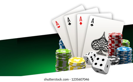 illustration Online Poker casino banner with a chips, playing cards and dice. Marketing Luxury Banner Jackpot Online Casino with flat paper cloud for text. Empty advertising poster.