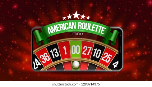 illustration Online Poker casino banner with mobile phone and roulette. Marketing Luxury Banner Jackpot Online Casino with New model Smartphone and roulette Advertising poster with red background