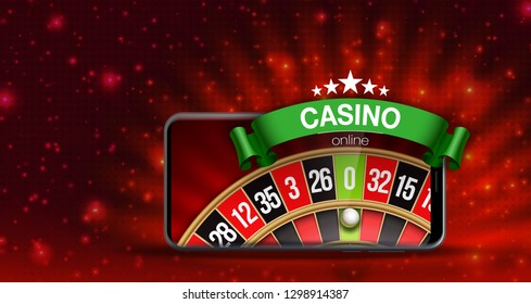 illustration Online Poker casino banner with mobile phone and roulette. Marketing Luxury Banner Jackpot Online Casino with New model Smartphone and roulette Advertising poster with red background