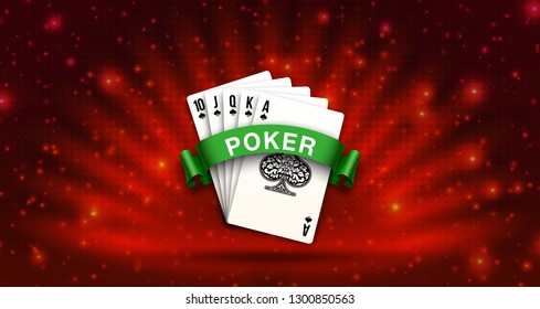 illustration Online Poker casino banner with a playing cards. Marketing Luxury Banner Jackpot Online Casino with green ribbon for text above playing cards. Empty advertising poster with red background