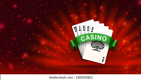 illustration Online Poker casino banner with a playing cards. Marketing Luxury Banner Jackpot Online Casino with green ribbon for text above playing cards. Empty advertising poster with red background