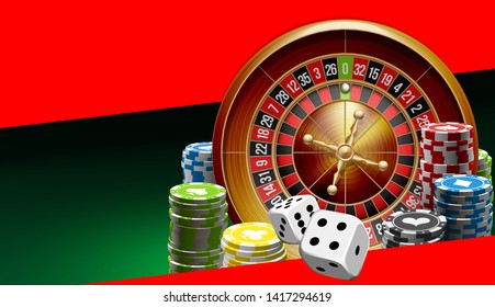 illustration Online Poker casino banner with american roulette on green surface table. Marketing Luxury Banner Jackpot Online Casino with classic roulette. Advertising poster with red ribbon for text.