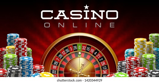 illustration Online Poker casino banner with realistic american roulette red surface table. Marketing Luxury red Banner Jackpot Online Casino with 3d classic roulette. Advertising poster poker chips