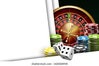 illustration Online Poker casino banner with american roulette on green surface table. Marketing Luxury Banner Jackpot Online Casino with classic roulette. Advertising poster with red ribbon for text.