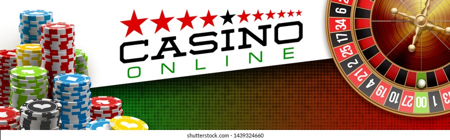 illustration Online Poker casino banner with american roulette on green surface table. Marketing Luxury green Banner Jackpot Online Casino with classic roulette. Advertising poster with poker chips
