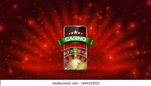 illustration Online Poker casino banner with mobile phone and roulette. Marketing Luxury Banner Jackpot Online Casino with New model Smartphone and roulette Advertising poster with red background