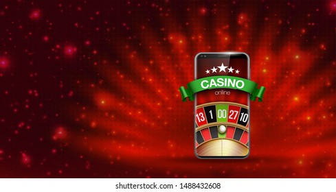 illustration Online Poker casino banner with mobile phone and roulette. Marketing Luxury Banner Jackpot Online Casino with New model Smartphone and roulette Advertising poster with red background