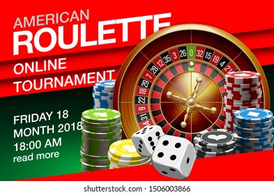 illustration Online Poker casino banner with american roulette on green surface table. Marketing Luxury Banner Jackpot Online Casino with classic roulette. Advertising poster with red ribbon for text.
