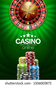 illustration Online Poker casino banner with american roulette on green surface table. Marketing Luxury green Banner Jackpot Online Casino with classic roulette. Advertising poster with poker chips