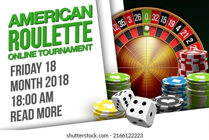 illustration Online Poker casino banner with american roulette on green surface table. Marketing Luxury Banner Jackpot Online Casino with classic roulette. Advertising poster with red ribbon for text.