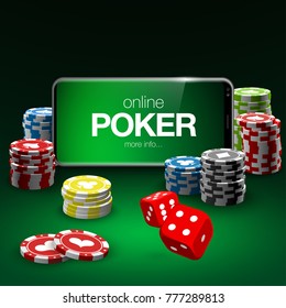 illustration Online Poker casino banner with a mobile phone, chips, playing cards and dice. Marketing Luxury Banner Jackpot Online Casino with New model Smartphone. Empty advertising poster.