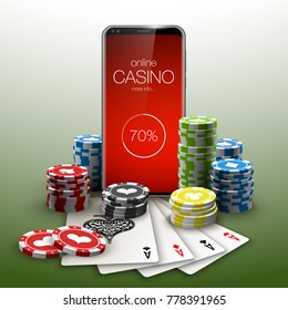 illustration Online Poker casino banner with a mobile phone, chips, playing cards and dice. Marketing Luxury Banner Jackpot Online Casino with New model Smartphone. Empty advertising poster.