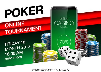 illustration Online Poker casino banner with a mobile phone, chips and dice. Marketing Luxury Banner Jackpot Online Casino with New model Smartphone. Empty advertising poster flat paper cloud for text